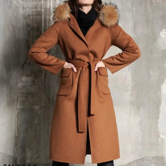 JUNGE  Danmark Jackets & Blazers - JUNGE Cinnamon Wool Blend Fur Hooded Trench Coat Fits10